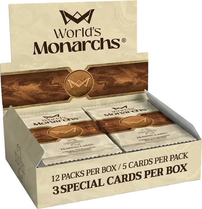 Otwarty box World's Monarchs Series 2 z widocznymi paczkami